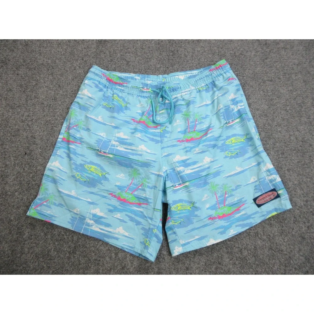 Vineyard Vines Swim Trunks Mens Medium Blue Tropical Fish Print Lined Drawstring